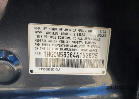 2004 Honda Accord 2.4 Lx from USA, damaged, VIN 1HGCM56364A152625